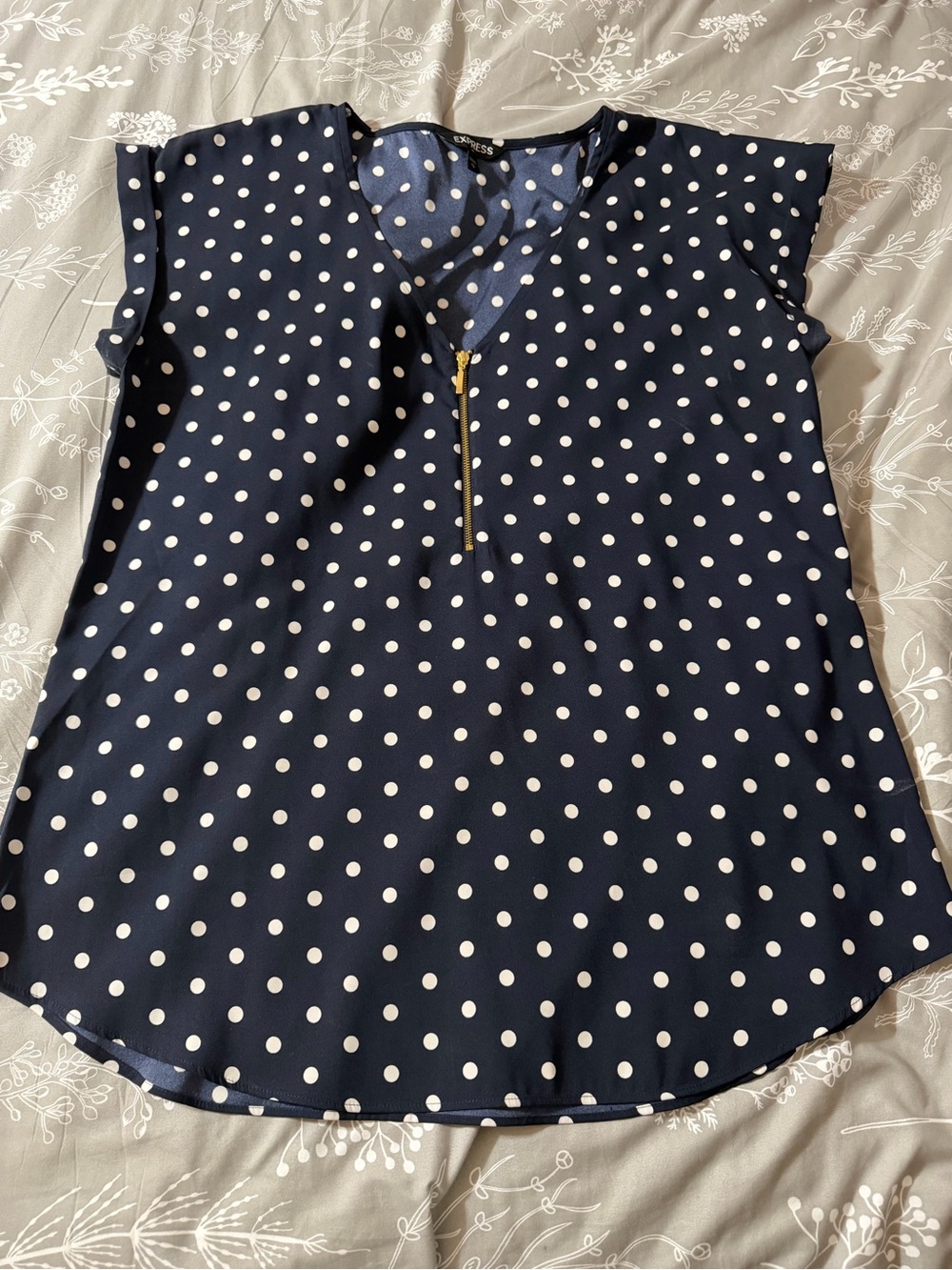 Express Navy Polka Dot Cap Sleeve Top with Gold Zip